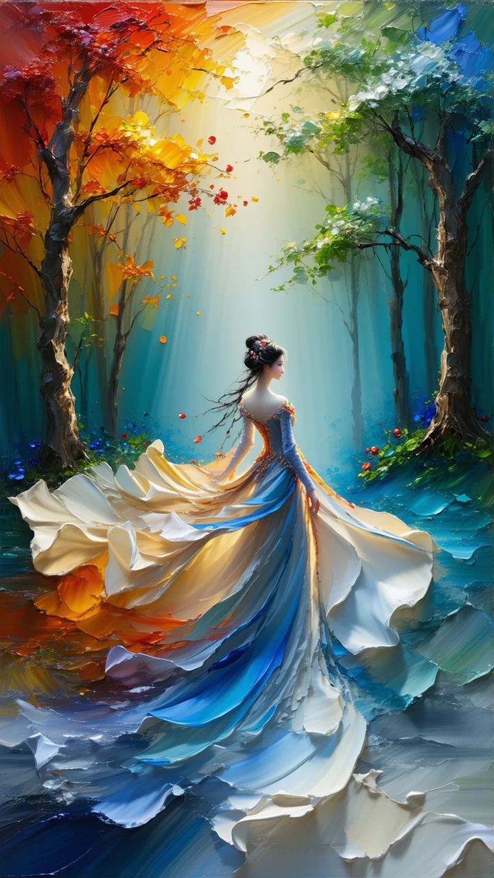 **Art Style:**  Impasto Oil Painting, **Subject:** A beautiful woman     flowing ethereal gown, soft lighting, delicate features, mystical aura, celestial background, intricate details, vibrant colors, expression of wisdom, dramatic pose, artistic brushstrokes, highly detailed, hyperrealistic, textured surface.