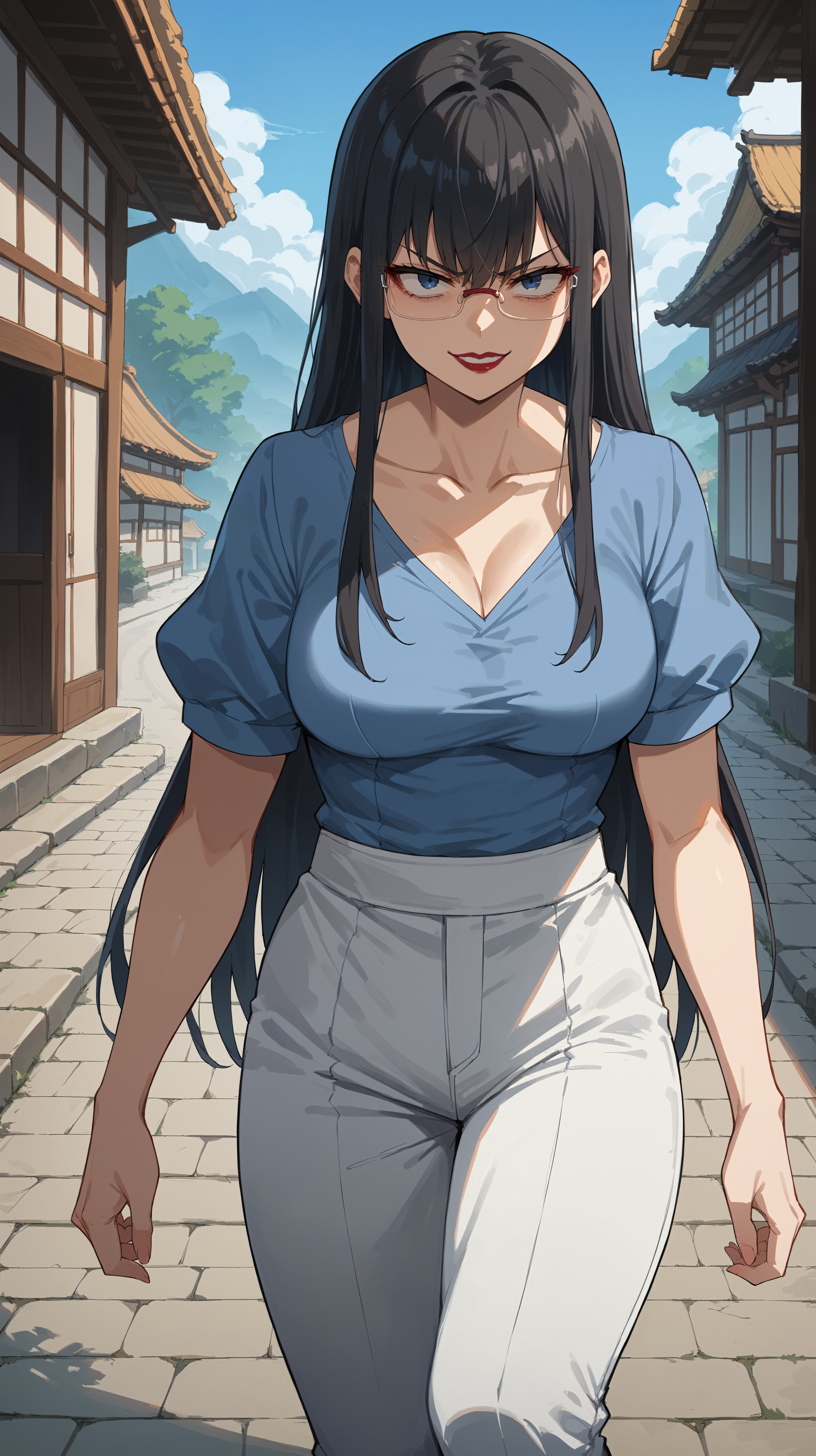 score_9,score_8_up,score_7_up,score_6_up, <lora:xl_more_art-full_v1:0.5>, source_anime, woman, dynamic pose, crawling,  <lora:Touko Kanbayashi - Pony-000004:0.8>, glasses, long hair, black hair, dark blue eyes, blue shirt, short sleeves, white pants, red lipstick, tired eyes, evil smile, angry eyes, path through the village, small japanese village,