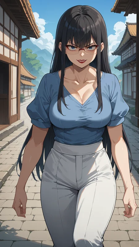 score_9,score_8_up,score_7_up,score_6_up, <lora:xl_more_art-full_v1:0.5>, source_anime, woman, dynamic pose, crawling, <lora:Touko Kanbayashi - Pony-000004:0.8>, glasses, long hair, black hair, dark blue eyes, blue shirt, short sleeves, white pants, red lipstick, tired eyes, evil smile, angry eyes, path through the village, small japanese village,
