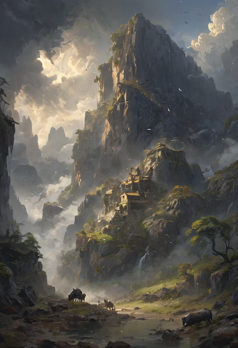 View from a rocky ledge to a massive, weathered ark resting between two high, jagged hills. The scene is shrouded in a thick, ominous fog, with an eerie stillness in the air. The ark, appearing ancient and majestic, looms large against the chaotic swirl of dark clouds above. The sky is filled with ominous, swirling clouds, casting deep shadows over the landscape. Animals of all kinds are faintly visible through the mist, gathering in pairs and moving towards the ark. The overall scene evokes a sense of awe and solemnity, capturing the profound moment of Noah's Ark amid the turbulent surroundings. [romantic impressionism,dream scenery art,beautiful oil matte painting,romantic,style of thomas kinkade,beautiful digital painting,anime landscape,romantic painting,dreamlike digital painting,colorful painting,beautiful gorgeous digital art,style of greg rutkowski,janek sedlar,jenny saville:0] <lora:vivid_everclear:0.6>  <lora:Sinozick:1>