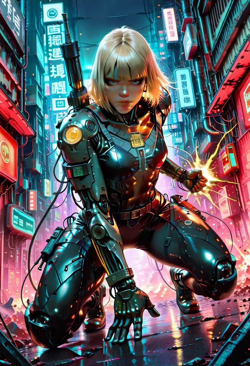 (fine fabric emphasis:1.2), (((masterpiece, amazing quality, best quality, ultra-detailed, 8K, illustration, amazing quality, newest, absurdres, realistic))), highres, very aesthetic, absurd res, hi res, very awa, dynamic angle, refined, volumetric lighting, cinematic lighting, blurry background, close up vivid colors, ((source_realistic:1.6)), hyper detailed, (dynamic pose:1.4), depth of field, cyb3rwar3, Cyberware, cybernetic lines, exposed mechanics, cable,cyborg, mechanical parts, robot joints, mad-neonbody, Plasma Cannon, cybernetic, cyborg, masterpiece, best quality, amazing quality, very aesthetic, absurdres, newest, cybernetic, cyborg, plasma cannon, dynamic pose, charging plasma shot, glowing energy buildup, blonde hair, bangs, no face mask, intense expression, cinematic lighting, dramatic angle, cyberpunk ruins, futuristic battlefield, sparks, debris, energy glow, sci-fi armor, high-tech suit, battle-ready stance, motion blur, intricate mechanical