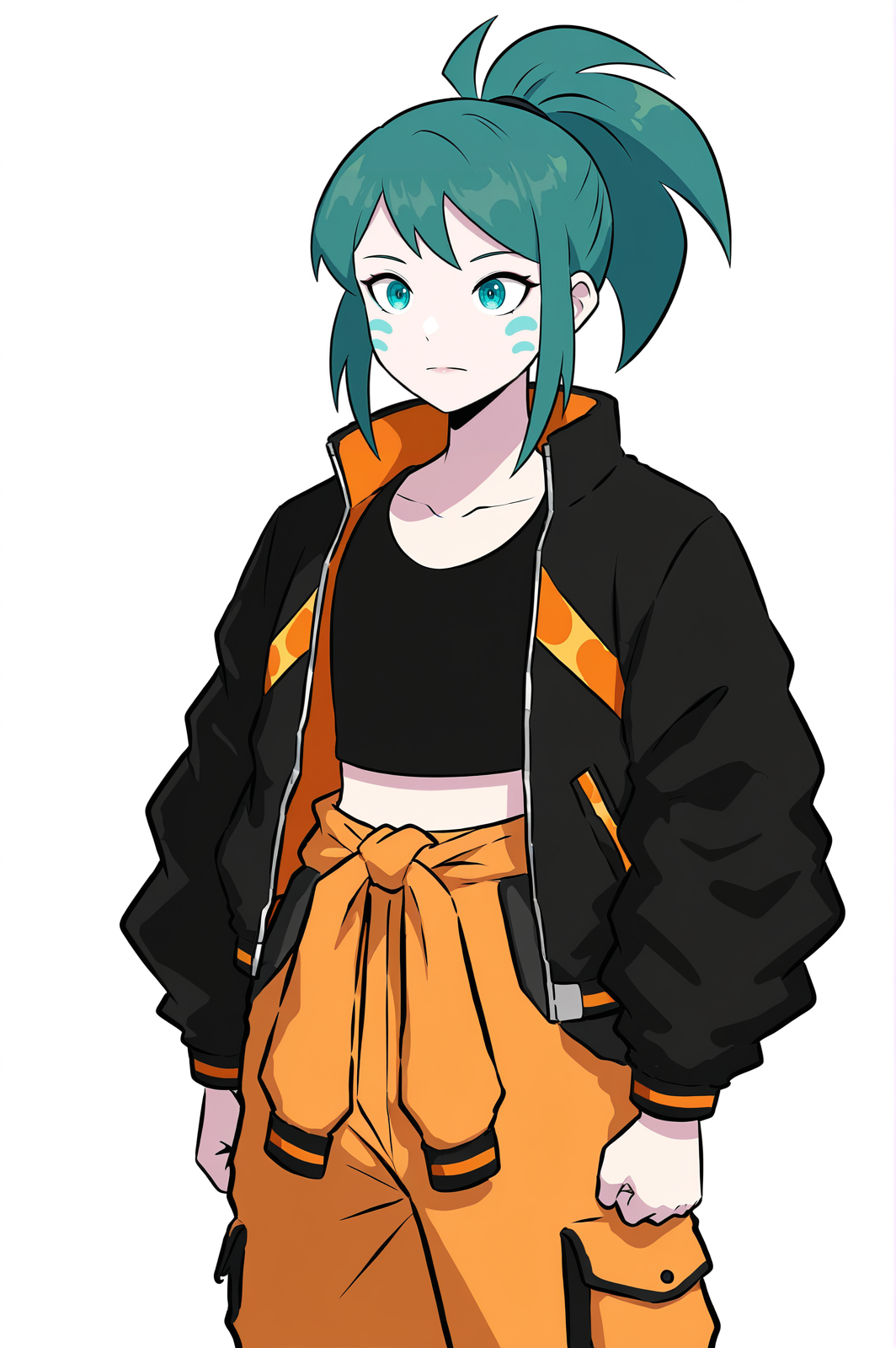 1girl, solo, LennaOC, teal hair, cyan cheek marks, sweeping bangs, ponytail, flat chested, black croptop, black jacket, long sleeves, shiny orange jacket accents, orange trims, orange pants, dark grey pockets, dark grey trouser accents,
arms by side, strong pose,
masterpiece, best quality, newest, absurdres, highres, sensitive,  <lora:Lenna_Illustrious:1>
(K-suwabe:1.2)