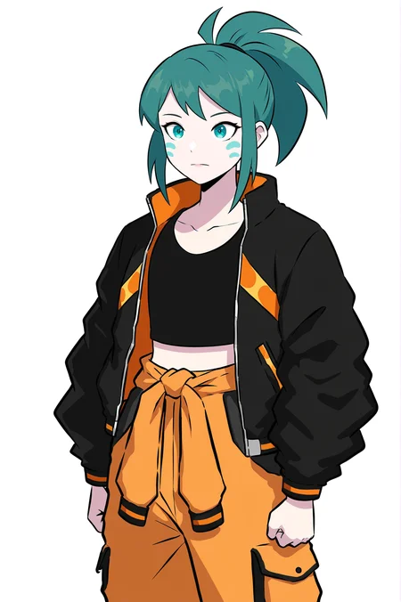 1girl, solo, LennaOC, teal hair, cyan cheek marks, sweeping bangs, ponytail, flat chested, black croptop, black jacket, long sleeves, shiny orange jacket accents, orange trims, orange pants, dark grey pockets, dark grey trouser accents,
arms by side, strong pose,
masterpiece, best quality, newest, absurdres, highres, sensitive, <lora:Lenna_Illustrious:1>
(K-suwabe:1.2)