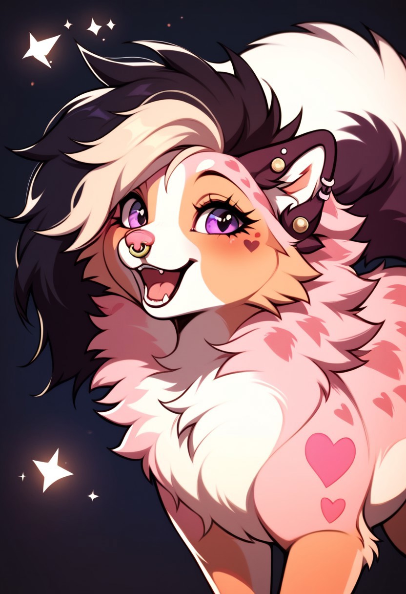 score_9, score_8_up, score_7_up, score_6_up, score_5_up, score_4_up, solo, rating_safe,
1girl (Sunni, pomeranian, dog, spitz, feral, pink fur, cream fur, white fur, dark brown tail tip, one tail, fluffy tail, heart markings, pointed ears, thick fur, long tail, short muzzle, eyelashes, inner ear pink, pink nose, ear piercing, cartilage piercing, arrow-shaped earring, nose piercing, nostril piercing, metal piercing, pointed earring, two-tone hair, white and black hair, bi-color hair, purple eyes, open eyes, open mouth, happy, looking at viewer), masterpiece, insane quality, dark background with sparkles