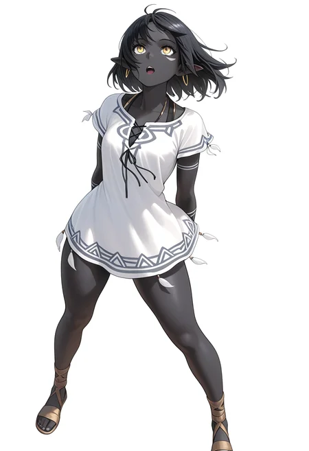 Smooth Quality,masterpiece,beautiful aesthetic, very intricate, high quality details, ultra realistic, high detailed skin
simple background, white background,
dynamic angle,standing, arms behind back, looking up, calm expression, relaxed posture,  ,^o^,
wind,
<lora:ZadirisCnn:0.8> Zadiris/cnn, zadiris/base, 1girl, pointy ears, earrings, short hair, bracelet, facial mark,dress, sandals,yellow eyes, thighs, 
black hair, black skin, colored skin,