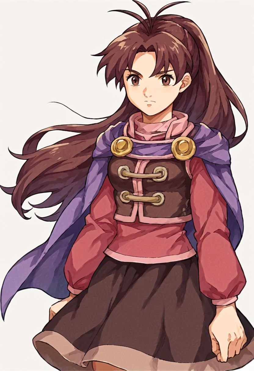 score_9, score_8_up, score_7_up, source_anime, fe9portraits, solo, cowboy shot, simple background, 1girl, female focus, 1girl, gsJenna, brown hair, ponytail, antenna hair, purple cape, vest, pink shirt, long sleeves, brown skirt,