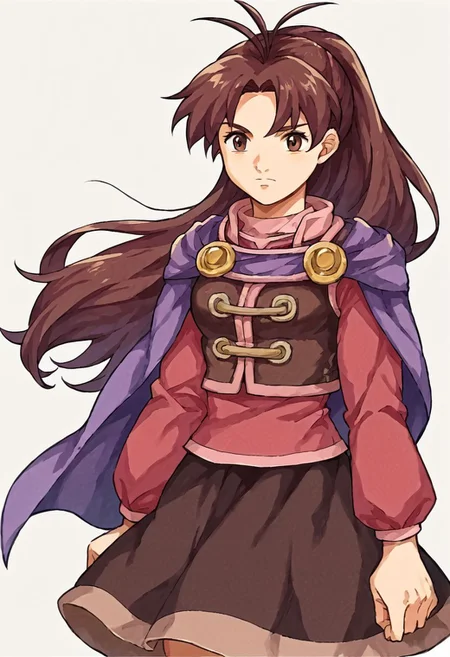 score_9, score_8_up, score_7_up, source_anime, fe9portraits, solo, cowboy shot, simple background, 1girl, female focus, 1girl, gsJenna, brown hair, ponytail, antenna hair, purple cape, vest, pink shirt, long sleeves, brown skirt,