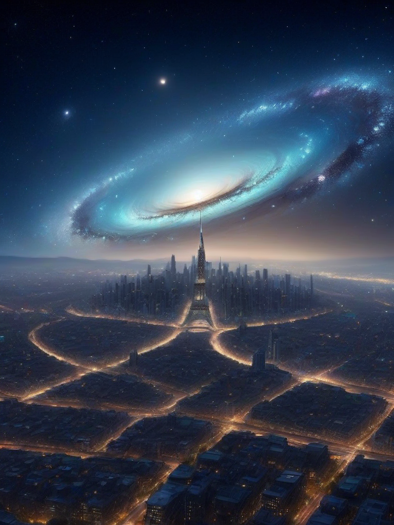 galaxy, (masterpiece), (extremely intricate:1.3), (realistic),a scene of a city at night, in the sky a elliptic galaxy, dark scene, realistic, 4k, masterpiece