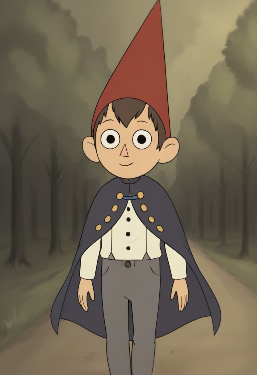 1boy,solo,brown hair,black eyes,red hat,blue cape,pants,smile,walking,forest background