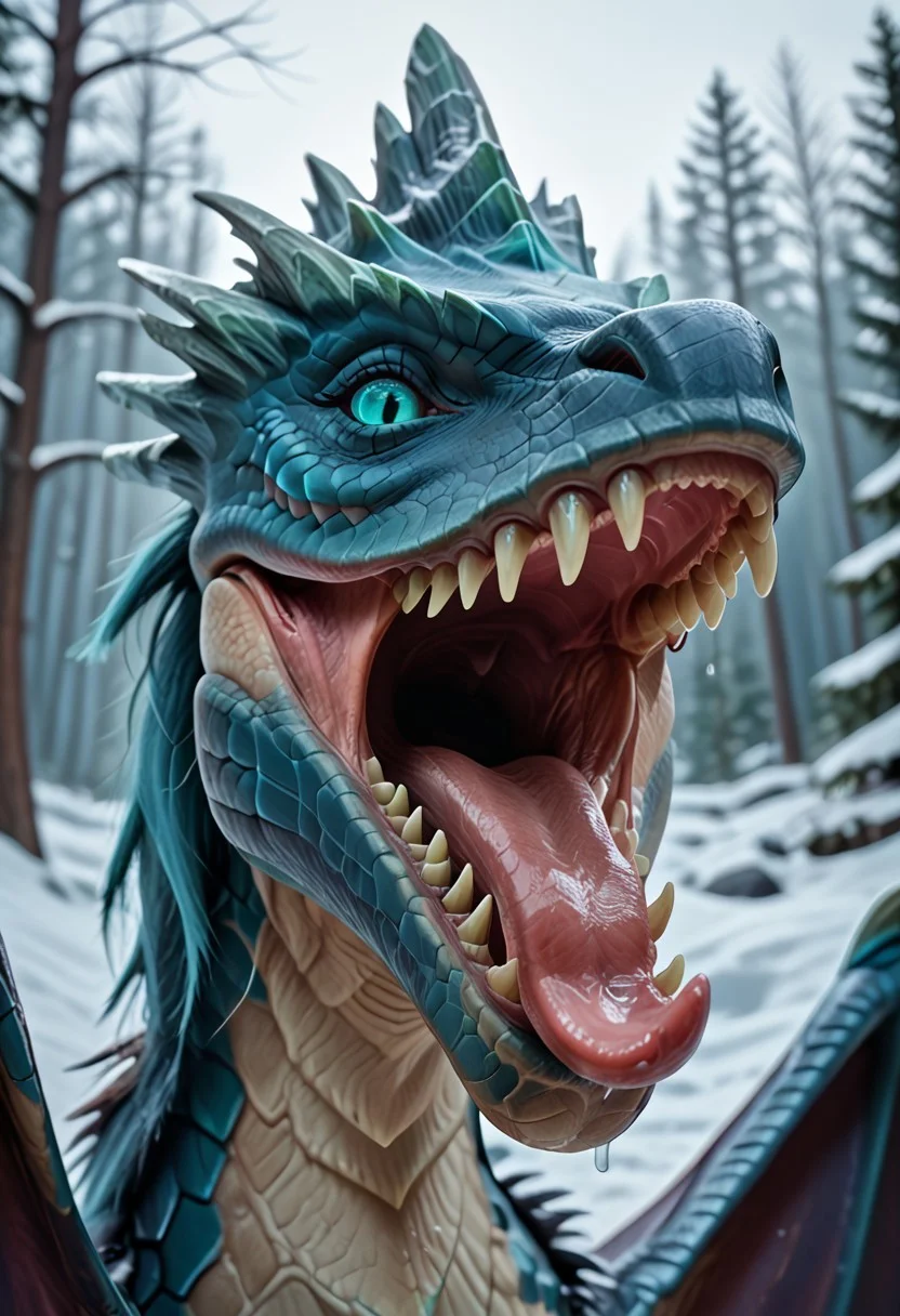 super realistic image ultra quality and super high resolution and sharp focus photorealistic style, Ultra-HD-details, nature, realistic teeth, Create a photorealistic image that shows a dragon, female, animal, winter_wyvern_dota2, no human, outdoors, open mouth, winter_wyvern_dota2 mouth, yawning, tongue out, side view, happy, digestion noises, sound effects, maw shot, throat, pretty pang, perfect tongue, perfect pangs, licking viewer, maw shot, uvula, extremely close up, oral vore invitation, swallowing viewer, wide open mouth, viewer's pov in the dragon's mouth, pov being swallowed,
mawshot, mouth close-up,