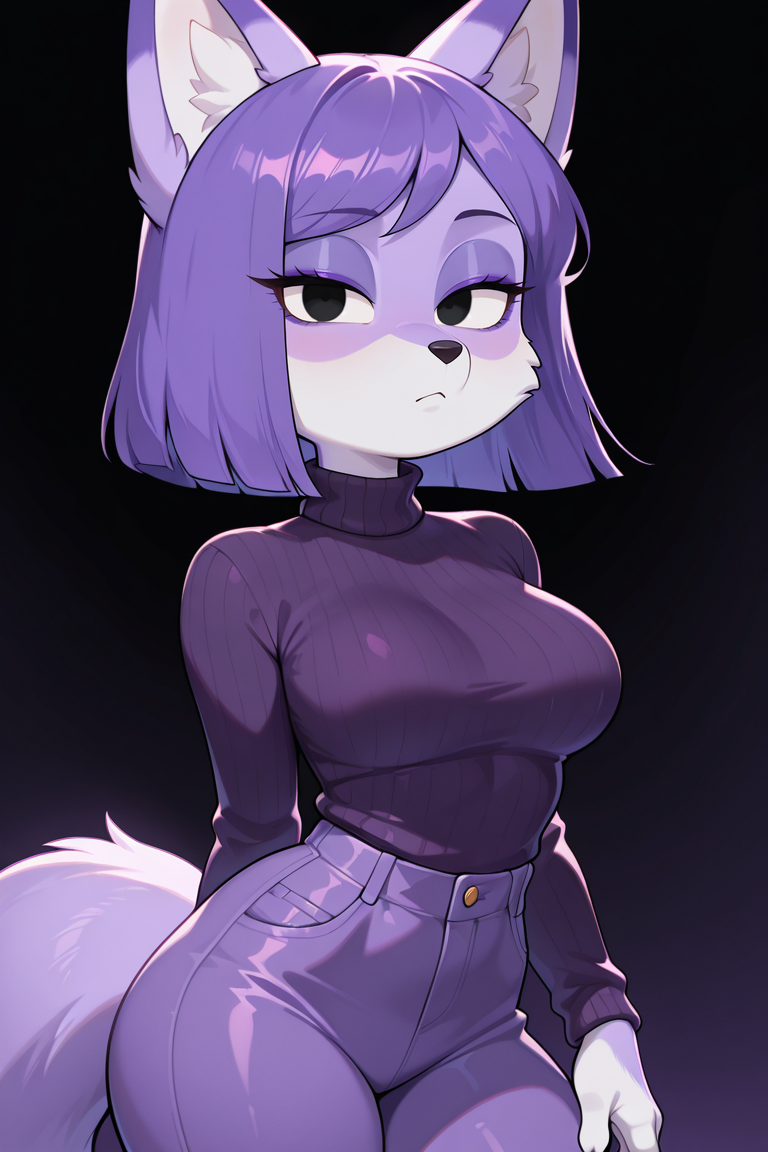 masterpiece, best quality, amazing quality, very aesthetic, detailed eyes, BREAK, solo, furry, female, fox, anthro, breasts, lilyduolingoILL, purple fur, purple hair, animal ears, black eyes, short hair, dark purple sweater, turtleneck, purple eyeshadow, no humans, make up,  medium hair, bangs, pants, purple eyeliner, looking at viewer,  blank expression, contrapposto, <lora:lily_duolingo_v2:0.5>