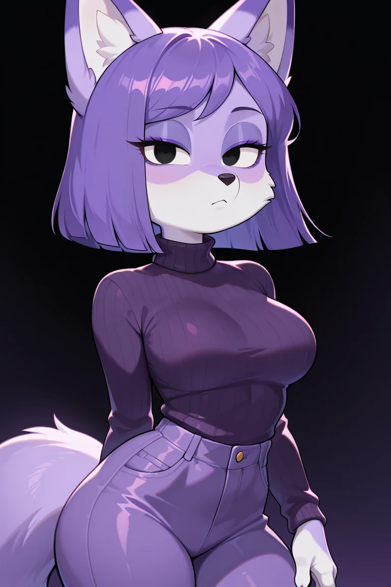 masterpiece, best quality, amazing quality, very aesthetic, detailed eyes, BREAK, solo, furry, female, fox, anthro, breasts, lilyduolingoILL, purple fur, purple hair, animal ears, black eyes, short hair, dark purple sweater, turtleneck, purple eyeshadow, no humans, make up, medium hair, bangs, pants, purple eyeliner, looking at viewer, blank expression, contrapposto, <lora:lily_duolingo_v2:0.5>