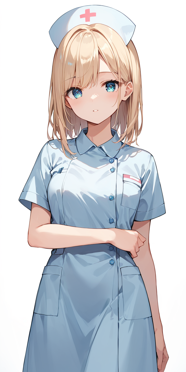 score_9, score_8_up, score_7_up,source_anime, high res image,masterpiece,best quality,girl,cute face,clear skin,shiny hair,ultra detailed eyes,simple background, <lora:nurse_pony_V1.0:0.8> nurse, blue dress, nurse cap