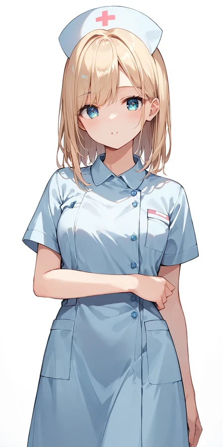 score_9, score_8_up, score_7_up,source_anime, high res image,masterpiece,best quality,girl,cute face,clear skin,shiny hair,ultra detailed eyes,simple background, <lora:nurse_pony_V1.0:0.8> nurse, blue dress, nurse cap