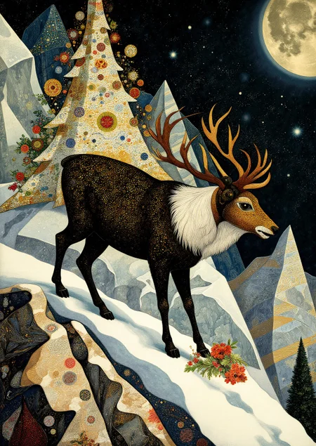 Art Nouveau Christmas illustration. Full body view. dark ages theme. a reindeer in a animalistic glacier setting. Intricate black and white and bronze polka-dotted details. Overall, the scene is busy and is very detailed. Dramatic light illuminates the scene from above. <lora:Former_Splendor:0.5> <lora:Paper_Marbling_Flux:0.5> <lora:midjourney_whisper_chromaplex_v1:0.6>