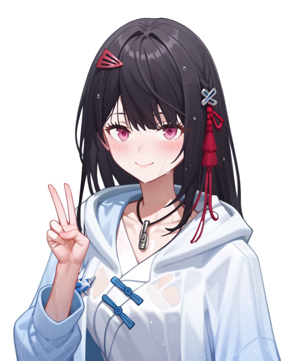 score_9,score_8_up,score_7_up,
simple background,blush,white background,
<lora:yanzhen_pony2:0.6>,glcyanzhen,1girl,solo,v,white background,looking at viewer,hair ornament,long hair,jacket,smile,necklace,bangs,upper body,simple background,jewelry,pink eyes,black hair,closed mouth,long sleeves,hood,anime screencap,AIU,wet,shiny skin,thighs,<lora:AIU 0.6v:0.6>,<lora:Anime_Screencap:1>,
