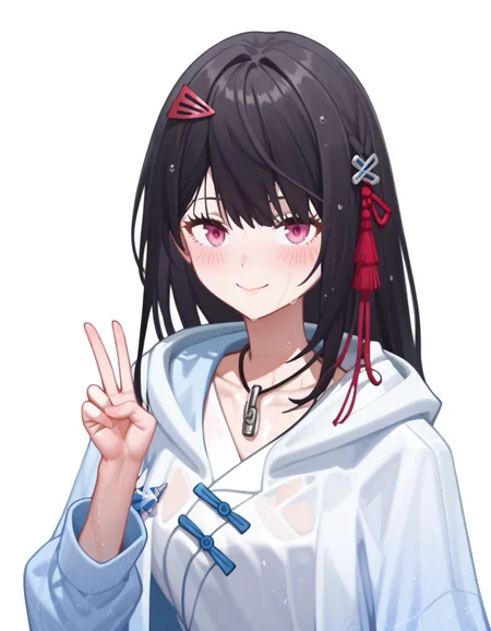 score_9,score_8_up,score_7_up,
simple background,blush,white background,
<lora:yanzhen_pony2:0.6>,glcyanzhen,1girl,solo,v,white background,looking at viewer,hair ornament,long hair,jacket,smile,necklace,bangs,upper body,simple background,jewelry,pink eyes,black hair,closed mouth,long sleeves,hood,anime screencap,AIU,wet,shiny skin,thighs,<lora:AIU 0.6v:0.6>,<lora:Anime_Screencap:1>,