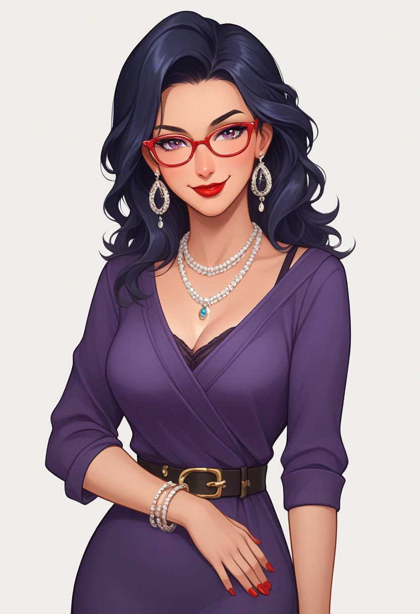 score_9, score_8_up, score_7_up, casgart, BREAK 1girl, woman, mature, solo, smug, closed mouth, medium breasts, makeup, red lipstick, black eyebrows, dark blue hair with single red strand at right side, violet eyes, red-rimmed round glasses, dark violet dress with red diagonal wide stripes, silver double bracelet on her hands, red manicure, orange fur around her shoulders and neck, ochre wide belt with silver buckle on her waist, BREAK right hand holding a silver table, right hand holding a silver pad, left hand on her waist, looking at viewer, standing, cowboy shot, BREAK simple background, white background, rim light