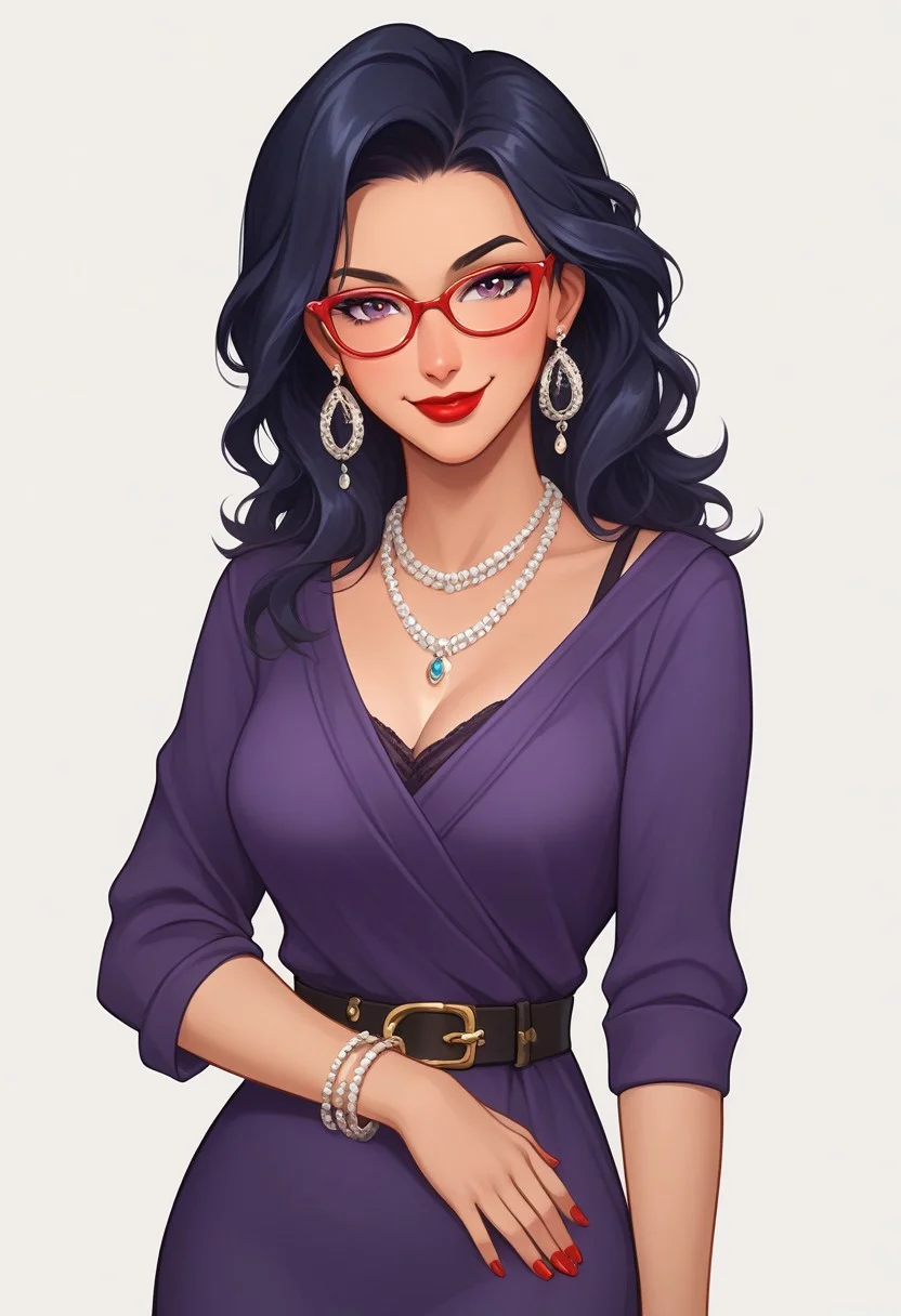 score_9, score_8_up, score_7_up, casgart, BREAK 1girl, woman, mature, solo, smug, closed mouth, medium breasts, makeup, red lipstick, black eyebrows, dark blue hair with single red strand at right side, violet eyes, red-rimmed round glasses, dark violet dress with red diagonal wide stripes, silver double bracelet on her hands, red manicure, orange fur around her shoulders and neck, ochre wide belt with silver buckle on her waist, BREAK right hand holding a silver table, right hand holding a silver pad, left hand on her waist, looking at viewer, standing, cowboy shot, BREAK simple background, white background, rim light