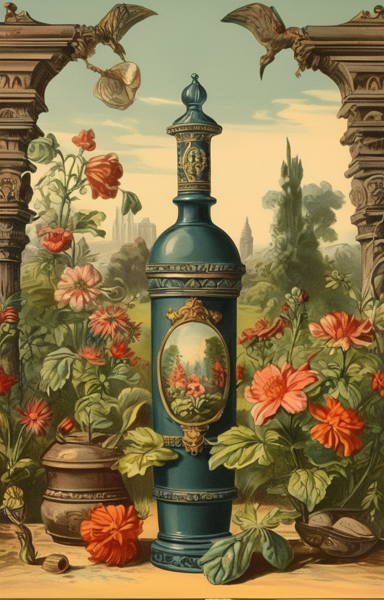 masterpiece,best quality,<lora:tbh261-sdxl:0.9>,illustration,style of Chromolithography A bottle of perfume in garden