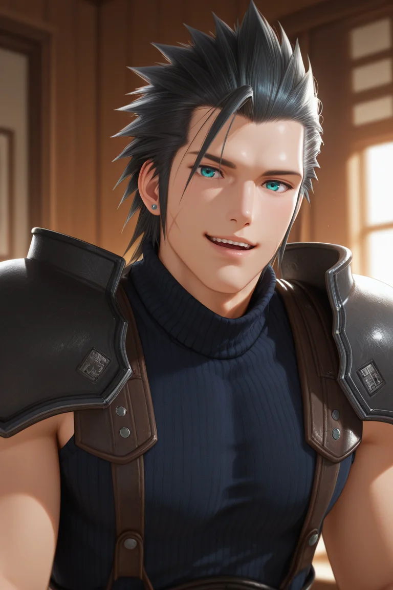 masterpiece, best quality, amazing quality, highres, absurdres, intricate detail,anime,2d , , , 1boy, solo, male focus , , , <lora:zack_fair:0.77>, zack fair,black hair,aqua eyes,short hair,hair slicked back,spiked hair,scar on cheek,stud earing,looking at viewer, smile, open mouth, shirt, upper body, parted lips, shoulder armor, teeth, indoors, blurry, sweater, blurry background, turtleneck,sideburns, turtleneck sweater,black sweater