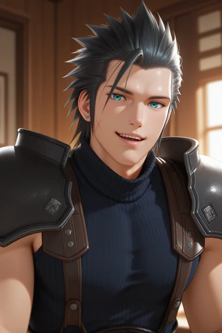 masterpiece, best quality, amazing quality, highres, absurdres, intricate detail,anime,2d , , , 1boy, solo, male focus , , , <lora:zack_fair:0.77>, zack fair,black hair,aqua eyes,short hair,hair slicked back,spiked hair,scar on cheek,stud earing,looking at viewer, smile, open mouth, shirt, upper body, parted lips, shoulder armor, teeth, indoors, blurry, sweater, blurry background, turtleneck,sideburns, turtleneck sweater,black sweater