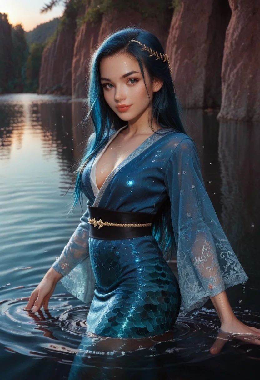 score_9, score_8_up, score_7_up, Cowboy Shot, girl, cute, seductive, innocent, light smile:0.3, plump lips, slender body, floating blue hair, long hair, water:0.7, waterdrop, wet, high detailed blue kimono texture, intricate pattern, ultra detailed, textured clothing, softlight passing through hair, sunset, lake background, 4n1v3rs3, depth of field, dynamic angle, fashion photography, sharp, hyperdetailed:1.15, ppm3r41ds, mermaid,