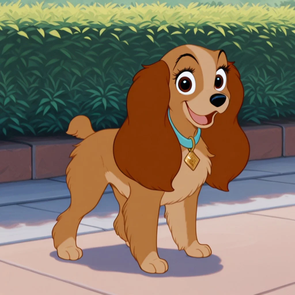 lady, female, dog, disney, cocker spaniel, long brown ears, tan fur, light tan belly, light tan paws, brown eyes, blue collar with gold diamond-shaped tag BREAK score_9, score_8, score_7, no humans, (((full body))), standing, solo, female, feral, hight definition, hyper detailed, best quality, amazing quality, 1girl, cute, cute smile, cute pose, 8k, masterpiece, looking at viewer BREAK standing, happy, friendly, adorable, expressive eyes, sweet, smiling, open mouth, open eyes, outside