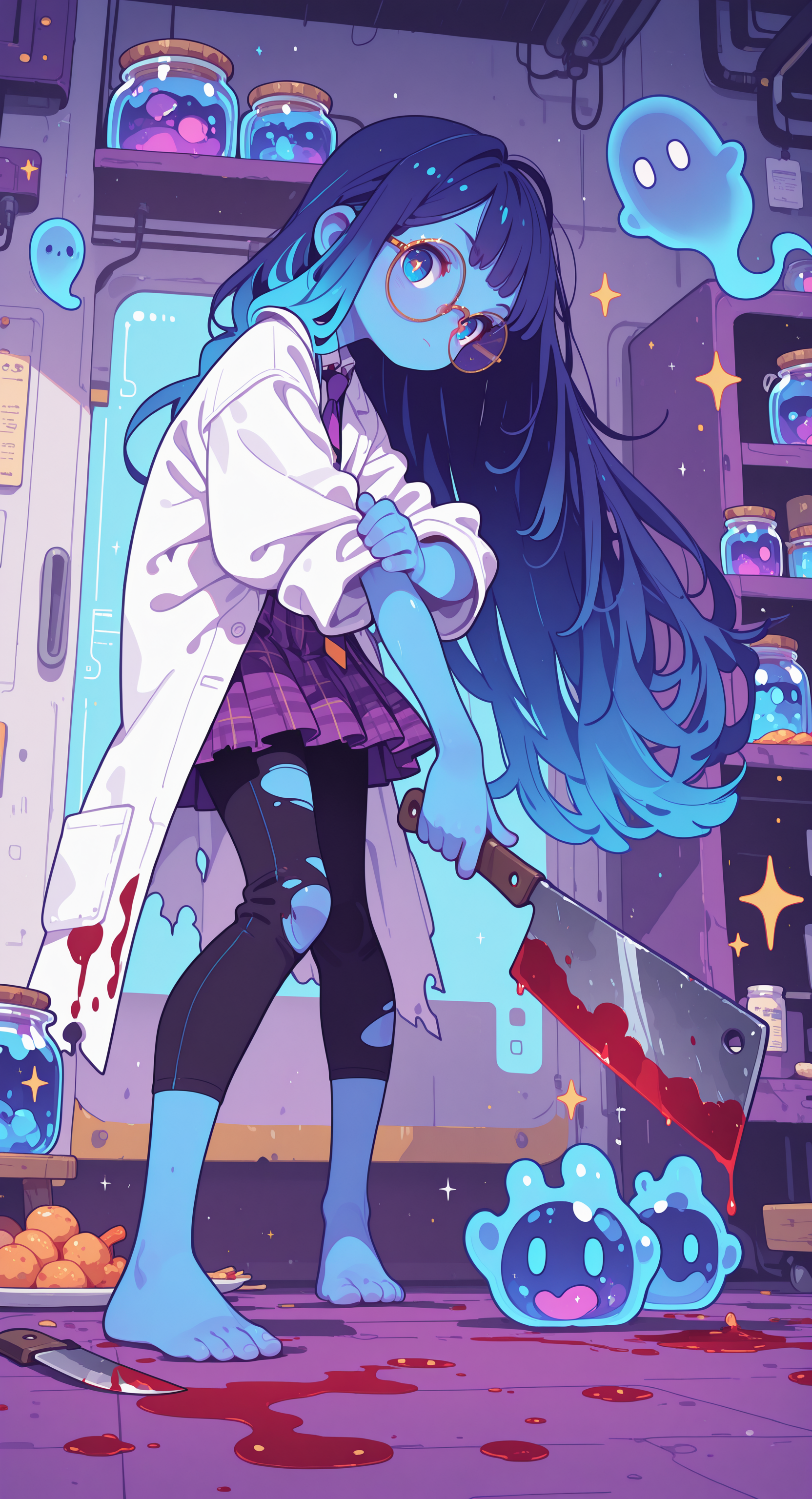 masterpiece,best quality,amazing quality, 1girl, solo, long hair, looking at viewer, blue eyes, skirt, holding, closed mouth, very long hair, standing, blue hair, full body, multicolored hair, pleated skirt, food, necktie, barefoot, glasses, pants, indoors, plaid, torn clothes, sparkle, blood, colored skin, plaid skirt, knife, round eyewear, purple skirt, ghost, blue skin, lab coat, holding knife, leggings, jar, hand on own arm, black leggings, cleaver, haiz_ai, in the style of cknc,
Flatline, Flat vector illustration <lora:ponyv6_noobE11_2_adamW-000017:0.3> <lora:checkpoint-e18_s306:1.5> <lora:ck-nc-cyberpunk-IL-000011:0.6> <lora:haiz_ai_illu:0.7>