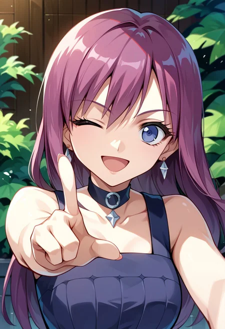 score_9, score_8_up, score_7_up, source_anime, JENNY (BAKUGAN), 1girl, solo, long hair, looking at viewer, smile, open mouth, jewelry, earrings, one eye closed, choker, ;d, pointing