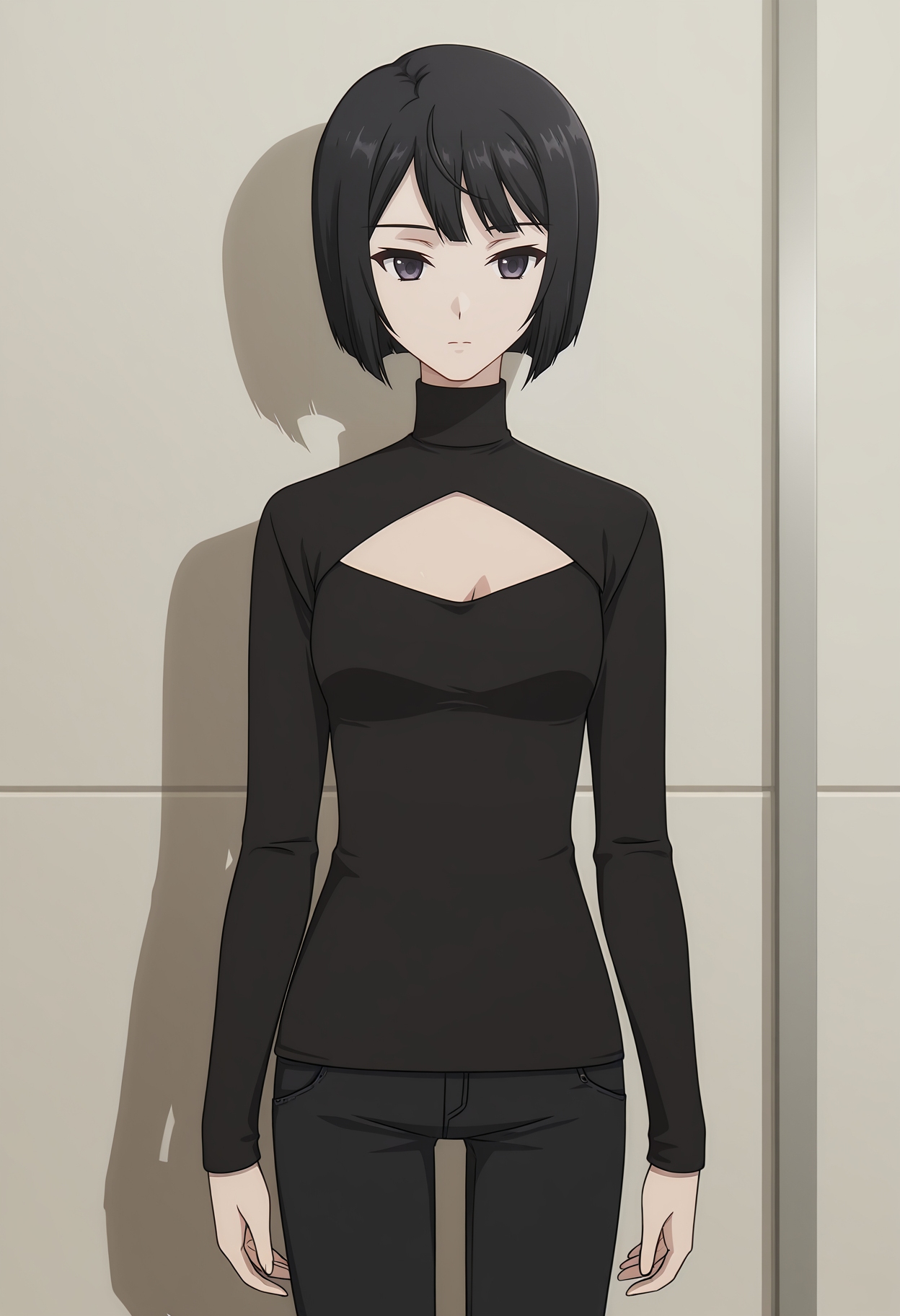 <lora:Echika Hieda_illustrious-000026:1>,
Echika Hieda,1girl,solo,pants,arms at sides,long sleeves,standing,shirt,bob cut,turtleneck,black pants,expressionless,black shirt,closed mouth,sweater,jeans,chest opening