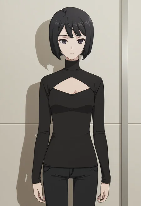 <lora:Echika Hieda_illustrious-000026:1>,
Echika Hieda,1girl,solo,pants,arms at sides,long sleeves,standing,shirt,bob cut,turtleneck,black pants,expressionless,black shirt,closed mouth,sweater,jeans,chest opening