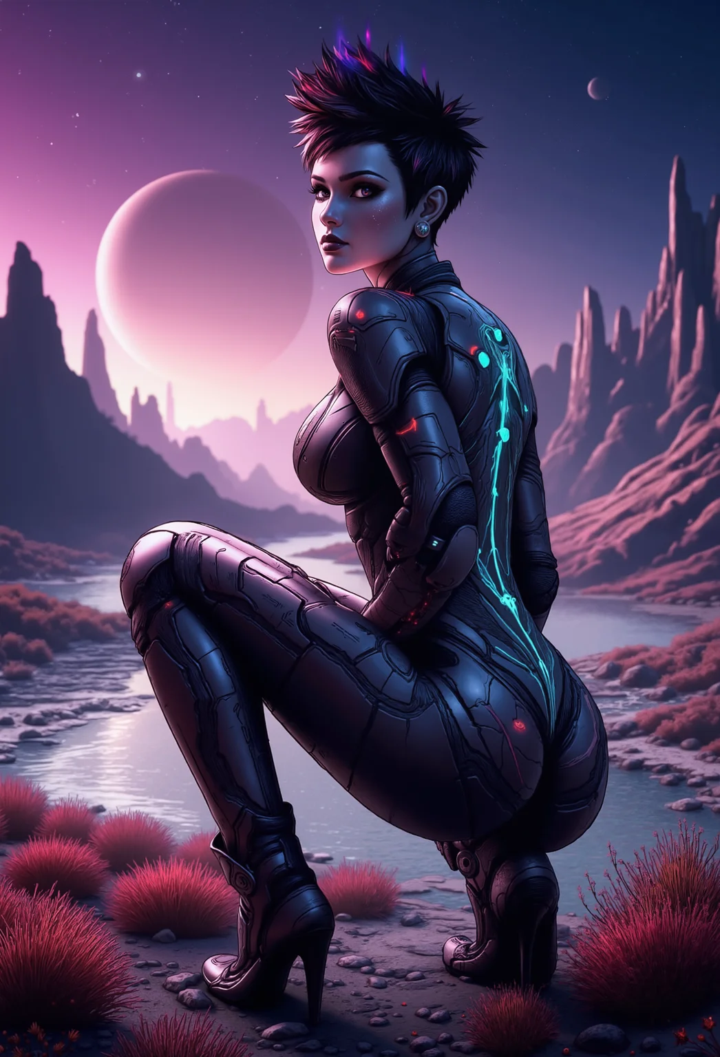 7-RetroFuturism, spaceknights, mad-cyberspace, bordershading . A highly detailed, professional photograph of a petite young woman with a bold, punk-inspired hairstyleâshort, spiked black hair with shaved sides and vibrant red and blue highlights. She wears sleek, form-fitting metallic armor with glowing lines, intricate engravings, visible circuits, and mechanical joints. The matte texture reflects light softly, with subtle wear and tear giving the armor a rugged, used look. Her goth-inspired makeupâdark eyeliner, smoky eyeshadow, and black lipstickâcontrasts with her pale skin. Her eyes glimmer with intensity, reflecting light from distant celestial bodies, blending confidence and allure. She is fully immersed in an alien landscape with towering purple-hued rock formations. Magenta and orange alien shrubs brush against her legs, while loose stones scatter beneath her boots. A calm, shimmering river reflects the glowing planets and moons, casting soft ripples of light onto her armor. The sky, filled with massive planets and glowing moons, bathes the scene in ethereal light, while soft mist rises from the river and faint auroras ripple across the sky. medium full-body shot capturing her in sitting with her back to the camera, turning slightly. Her facial expression shows fiery intensity. Her lipstick and smoky eyeshadow enhance her allure, with her eyes reflecting the glowing celestial bodies above. Dynamic lighting casts shifting shadows across her armor, while tiny glowing particles float through the air, casting soft, moving shadows on her body. The entire scene is immersive and photorealistic, with the alien plants, river, and rugged terrain interacting naturally with her, grounding her firmly in this exotic, alien world. , <lora:Neon_Cyberpunk_Cyberspace_FLUX.safetensors:0.5:0.5> <lora:Retro Futurism FLUX.safetensors:0.5:0.5> <lora:spaceknights-FLUX_000003750.safetensors:0.5:0.5> <lora:bordershading_flux_v1.safetensors:0.75:0.75>
