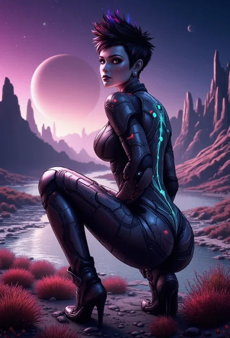 7-RetroFuturism, spaceknights, mad-cyberspace, bordershading . A highly detailed, professional photograph of a petite young woman with a bold, punk-inspired hairstyleâshort, spiked black hair with shaved sides and vibrant red and blue highlights. She wears sleek, form-fitting metallic armor with glowing lines, intricate engravings, visible circuits, and mechanical joints. The matte texture reflects light softly, with subtle wear and tear giving the armor a rugged, used look. Her goth-inspired makeupâdark eyeliner, smoky eyeshadow, and black lipstickâcontrasts with her pale skin. Her eyes glimmer with intensity, reflecting light from distant celestial bodies, blending confidence and allure. She is fully immersed in an alien landscape with towering purple-hued rock formations. Magenta and orange alien shrubs brush against her legs, while loose stones scatter beneath her boots. A calm, shimmering river reflects the glowing planets and moons, casting soft ripples of light onto her armor. The sky, filled with massive planets and glowing moons, bathes the scene in ethereal light, while soft mist rises from the river and faint auroras ripple across the sky. medium full-body shot capturing her in sitting with her back to the camera, turning slightly. Her facial expression shows fiery intensity. Her lipstick and smoky eyeshadow enhance her allure, with her eyes reflecting the glowing celestial bodies above. Dynamic lighting casts shifting shadows across her armor, while tiny glowing particles float through the air, casting soft, moving shadows on her body. The entire scene is immersive and photorealistic, with the alien plants, river, and rugged terrain interacting naturally with her, grounding her firmly in this exotic, alien world. , <lora:Neon_Cyberpunk_Cyberspace_FLUX.safetensors:0.5:0.5> <lora:Retro Futurism FLUX.safetensors:0.5:0.5> <lora:spaceknights-FLUX_000003750.safetensors:0.5:0.5> <lora:bordershading_flux_v1.safetensors:0.75:0.75>