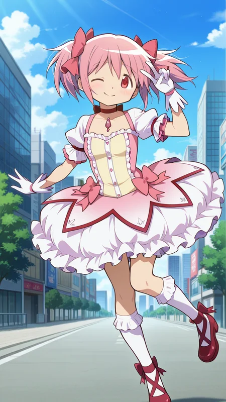 smile, cute pose, dynamic pose, outdoors, modern city, v, wink,, masterpiece, best quality, amazing quality, very aesthetic, absurdres, newest, anime screencap, <lora:kanamemadokaILM:1>, kaname madoka, hair bow, pink eyes, pink hair, short hair, twintails, short twintails, bow, pink bow, blush, magical girl, dress, dress bow, gloves, ribbon choker, short sleeves, socks, soul gem, frilled dress, frills, pink dress, puffy short sleeves, puffy sleeves, red choker, red footwear, socks, white dress, white gloves, white socks,