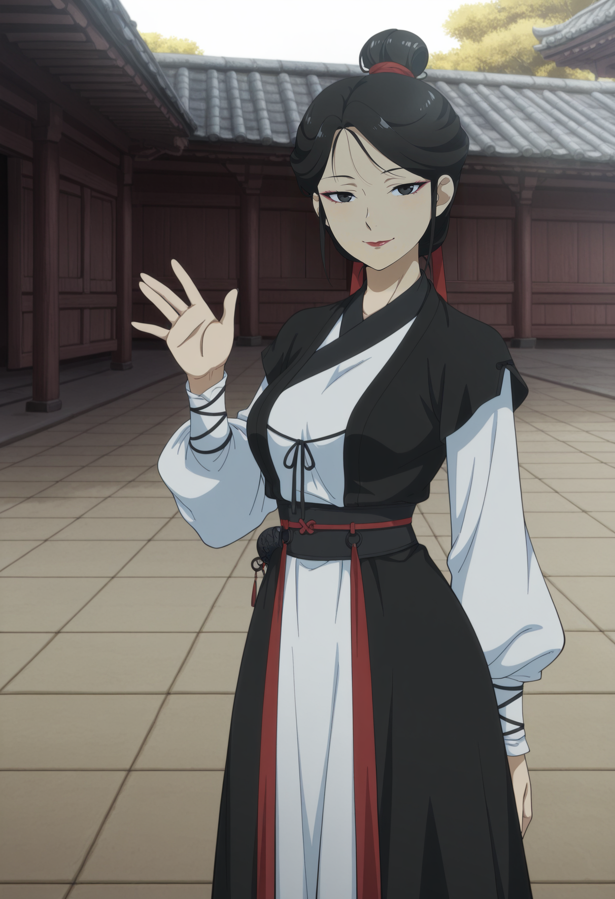 1girl,solo,mm,mature female,black hair,black eyes,makeup,lipstick,hair bun,single hair bun,hair ribbon,anime coloring,
chinese clothes,long sleeves,hanfu,waving,cowboy shot, outdoors,looking at viewer, smile
,masterpiece,best quality,amazing quality,<lora:Qiu_WanLai-Fairies_Album:0.8>