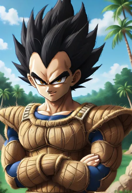 source_anime, pamcocomat, 1boy, vegeta, pamcocomat saiyan armor, upper body, crossed arms, looking at viewer, outdoors,spiky hair, black hair, Dragon Ball Z, angry, teeth, best quality, detailed face, detailed eyes