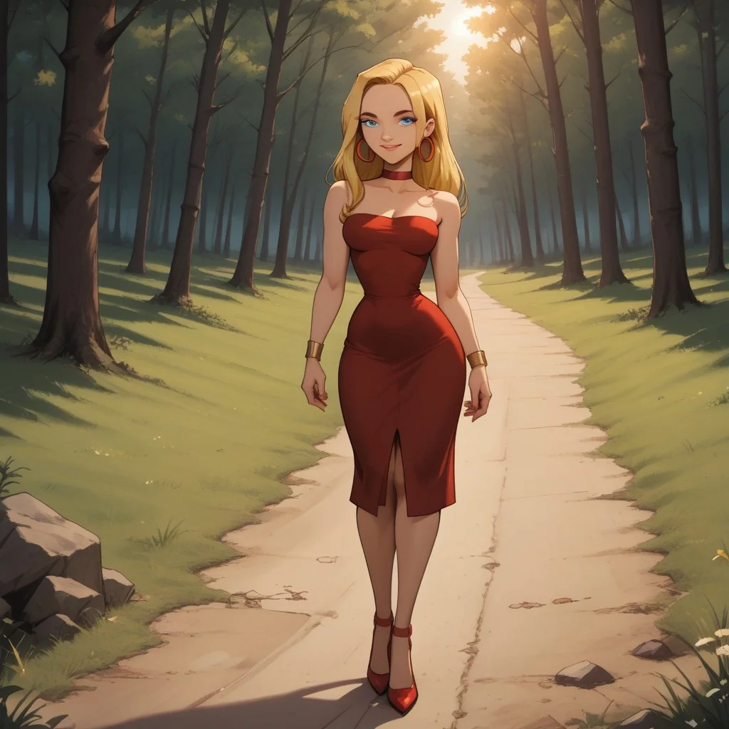 score_9, score_8, BREAK, solo, blonde hair, blue eyes, lips, red dress, red choker, red high heels, red hoop earrings, yellow bracelets, total drama, Blaineley_(Total_Drama), breasts, sexy pose, smile, outdoors, sunlight, shadows, evening lighting, natural lighting, forest, trees, grass, orange sky, sunset