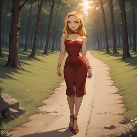 score_9, score_8, BREAK, solo, blonde hair, blue eyes, lips, red dress, red choker, red high heels, red hoop earrings, yellow bracelets, total drama, Blaineley_(Total_Drama), breasts, sexy pose, smile, outdoors, sunlight, shadows, evening lighting, natural lighting, forest, trees, grass, orange sky, sunset