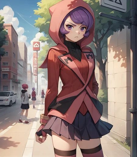 score_9,score_8_up,score_7_up,score_6_up,source anime BREAK,
1girl, courtney (pokemon), purple hair, swept bangs, eyelashes, purple eyes, short hair, medium breasts,
hood, hoodies, school uniform, pleated skirt, thighhighs, neckerchief, 
outdoors, pout, street,
 <lora:courtney_v1_0:1>
