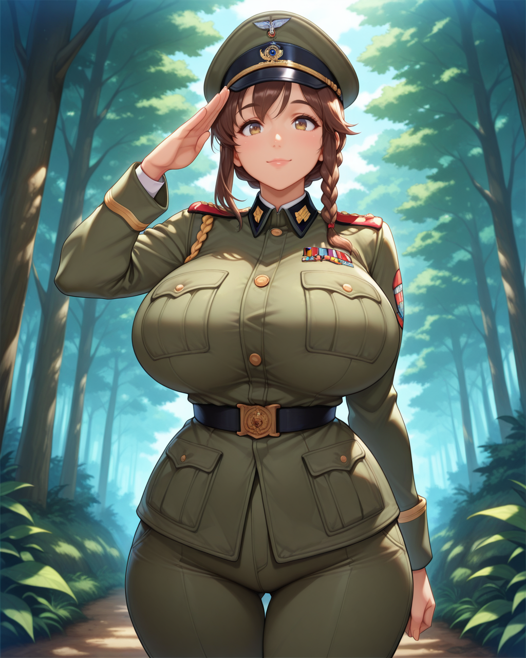 masterpiece,best quality,highres illustration,detailed face,1girl,cowboy shot,<lora:gorgeousbody_IL:1>,gorgeous body,military uniform,military hat,brown hair,braid,salute,forest,pants,