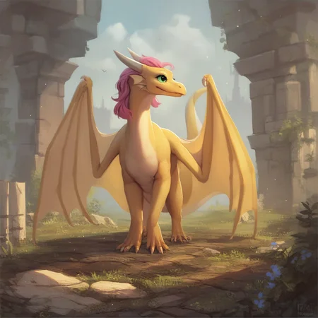 <lora:Female_Feral_Dragon_Concept_PonyXL:0.79> feral, western dragon, score_9, score_8_up, score_7_up, score_6_up, score_5_up, score_4_up, source_furry, rating_safe,  female, wings, detailed background, fantasy, full body, quadruped, folded wings, pink hair, green eyes, yellow body, in sydney,  fantasy