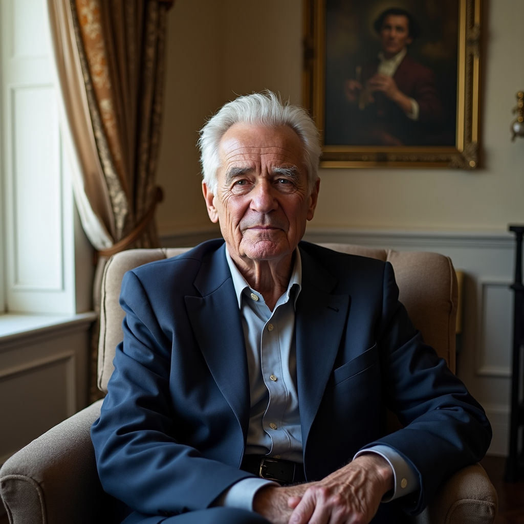 The portrait is a stunning depiction of an elderly man, who appears to be in his late 60s or early 70s, sitting in a room near a window. The man's face is etched with the lines and wrinkles of a life well-lived, and his steel-grey eyes radiate a quiet wisdom and intelligence. His hair is thinning and white, combed back neatly, revealing a high forehead. He is clean-shaven, and his facial features are sharp and angular, with a prominent nose and a strong jawline.
The room he is sitting in is tastefully decorated, with elegant furniture and tasteful artwork adorning the walls. The walls themselves are a warm, cream color, providing a soft and inviting backdrop for the portrait. The window near the man lets in a soft, natural light, illuminating his face and casting a gentle shadow on the wall behind him. The light is just enough to highlight the man's features without being overpowering, giving the portrait a soft and serene quality.
The man is dressed in a smart suit, the fabric a deep, rich blue that complements his eyes. The suit is well-tailored, fitting him perfectly and accentuating his slender frame. He is sitting upright in a plush armchair, his posture impeccable. His hands are folded neatly in his lap, and his expression is one of quiet contemplation.
The overall impression of the portrait is one of dignity, wisdom, and quiet strength. The man's face is a roadmap of his life's experiences, and his eyes seem to hold a thousand stories. The room around him is warm and inviting, providing a sense of comfort and security. The portrait is a beautiful tribute to the man's life and accomplishments, and it is a testament to the power of a well-crafted image to capture the essence of a person's character.