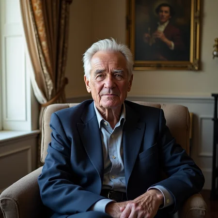 The portrait is a stunning depiction of an elderly man, who appears to be in his late 60s or early 70s, sitting in a room near a window. The man's face is etched with the lines and wrinkles of a life well-lived, and his steel-grey eyes radiate a quiet wisdom and intelligence. His hair is thinning and white, combed back neatly, revealing a high forehead. He is clean-shaven, and his facial features are sharp and angular, with a prominent nose and a strong jawline.
The room he is sitting in is tastefully decorated, with elegant furniture and tasteful artwork adorning the walls. The walls themselves are a warm, cream color, providing a soft and inviting backdrop for the portrait. The window near the man lets in a soft, natural light, illuminating his face and casting a gentle shadow on the wall behind him. The light is just enough to highlight the man's features without being overpowering, giving the portrait a soft and serene quality.
The man is dressed in a smart suit, the fabric a deep, rich blue that complements his eyes. The suit is well-tailored, fitting him perfectly and accentuating his slender frame. He is sitting upright in a plush armchair, his posture impeccable. His hands are folded neatly in his lap, and his expression is one of quiet contemplation.
The overall impression of the portrait is one of dignity, wisdom, and quiet strength. The man's face is a roadmap of his life's experiences, and his eyes seem to hold a thousand stories. The room around him is warm and inviting, providing a sense of comfort and security. The portrait is a beautiful tribute to the man's life and accomplishments, and it is a testament to the power of a well-crafted image to capture the essence of a person's character.
