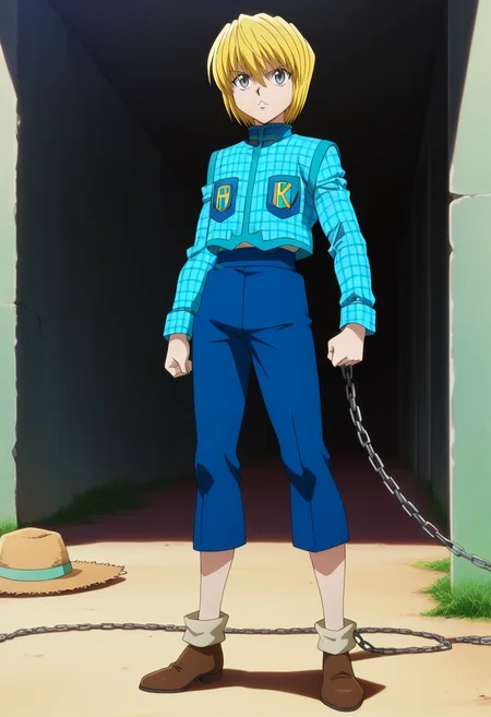 masterpiece, best quality, , anime screencap, anime coloring, official style, , , 1boy, solo, male focus, <lora:kurapika_hxh_ilxl:0.98>, kurapika_hxh, blonde hair, grey eyes, short hair, bangs, hair between eyes, chain, , Cropped trousers, Polyester Plaid shirt, Cap-toe shoes, Straw hat,