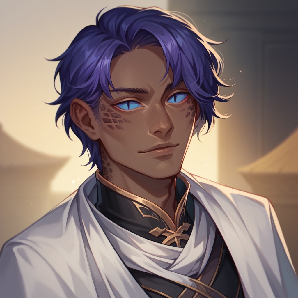 (((detailed, beautiful, high quality))), score_9, score_8_up, score_7_up, solo, upper body,
yuanti, slit pupils, pointed ears,
1boy, male focus, blue eyes, dark skin, black scales, violet blue hair, white cape, 
looking at viewer, posing,
fantasy background, blurred background,