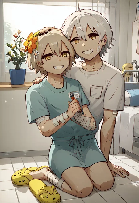 score_9, score_8_up, score_7_up, solo, (((avogado6 style))), two-tone hair, white hair, flower in hair, bandages, medical scrubs, hospital gown, Japanese traditional clothing, wearing clothes, slippers, symbolism, male focus, (two torsos:1.3), <lora:conjoined_two_torsos_lora:1>, 2boys, black eyeshadow, looking at viewer, portrait, close up, full body portrait, sitting on hospital bed, smile, straight teeth, holding stationery, (((shorter male))), male shortstack, (wide_hips), big_muscles, bubble_butt, yellow tint, rainy background