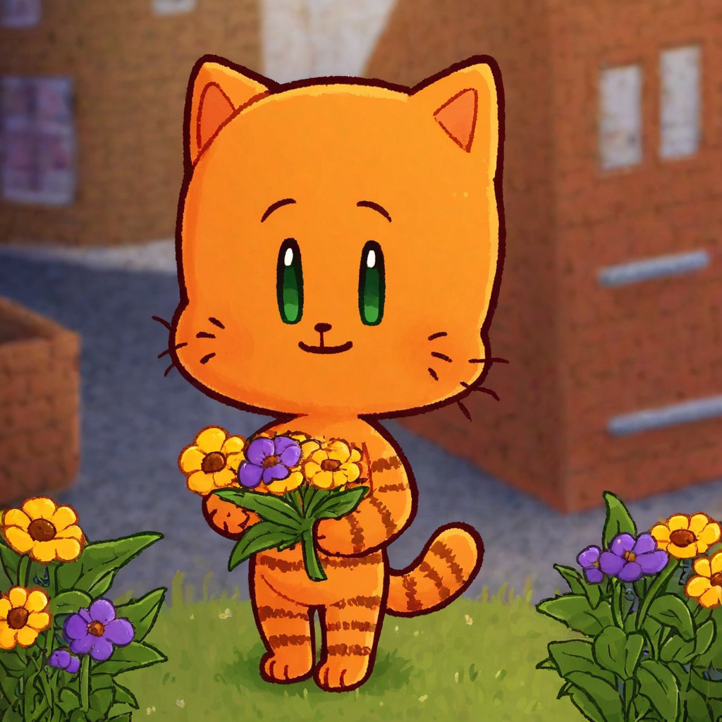 furry, 1boy, solo, male, furry male, cat boy, lil_petey, cute, standing, looking at viewer, dot eyes, green eyes, orange fur, fluffy, eps, smile, chibi, holding flowers, outdoors,