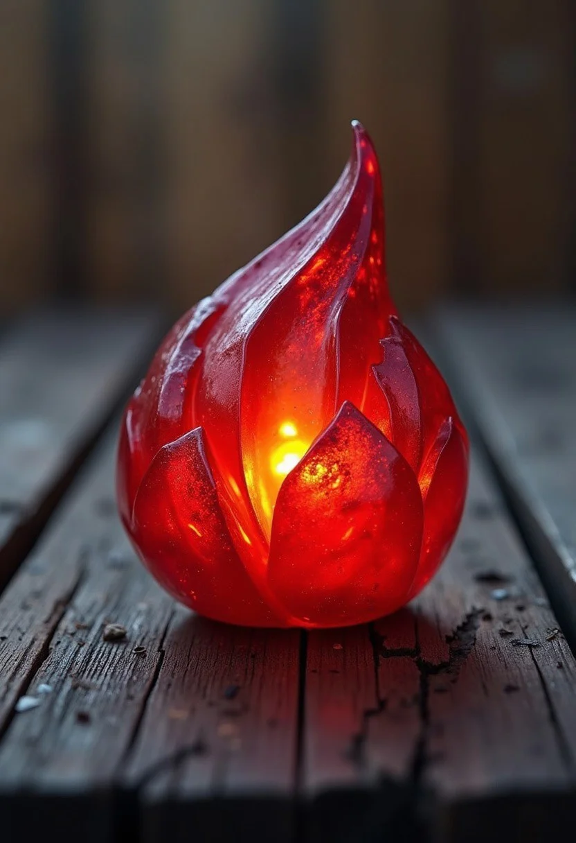 highly detailed red crystal flame (with fine textures) on a textured, weathered black wood surface, vibrant contrast between (crystal cherry) and (faded, peeling wood), depth and shadow enhanced using (gaussian blur) for a soft background focus, (sharpen filter) applied to the crystal flame, (color grading) to improve the contrast between warm and cool tones, (lens flare) subtly added to create natural lighting effect, (noise reduction) for a soft, clean finish, (HDR toning) used for extra depth and detail, emphasizing the intricate patterns in the crystal flame and wood grain
