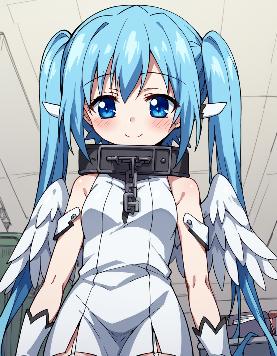 score_9, score_8_up, score_7_up, source_anime, <lora:otoshimono-nymph-s2-ponyxl-lora-nochekaiser:1>, nymph, long hair, blue eyes, twintails, blue hair, collar, chain,, thighhighs, gloves, wings, garter straps, dress, white dress, pelvic curtain, shoulder armor,, airport, waiting area, suitcase, flight delayed, passengers, reading book, , <lora:lap-pov-ponyxl-lora-nochekaiser:1>, lap pov, lap pillow, from below, ceiling, looking down, pov, blush, smile,, looking at viewer, solo,, dutch angle, cowboy shot